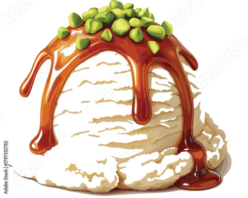 PrintRealistic Vanilla Ice Cream Scoop with Caramel Sauce and Pistachios Vector Illustration - Delicious Dessert Graphic