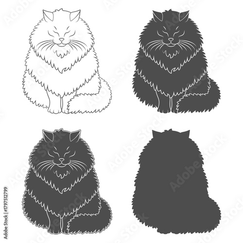 Set of black and white illustrations featuring fluffy cat. Isolated vector objects on white background.