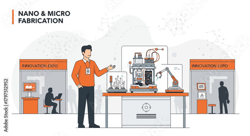 Illustration depicting nano and micro fabrication at an innovation expo trade show