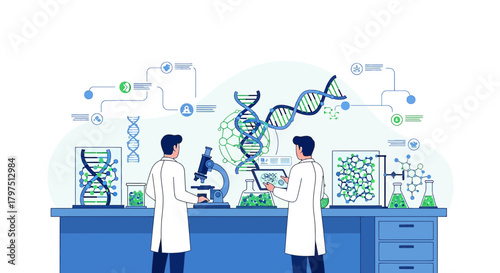 Illustration depicting scientists working on genetic research with advanced laboratory equipment