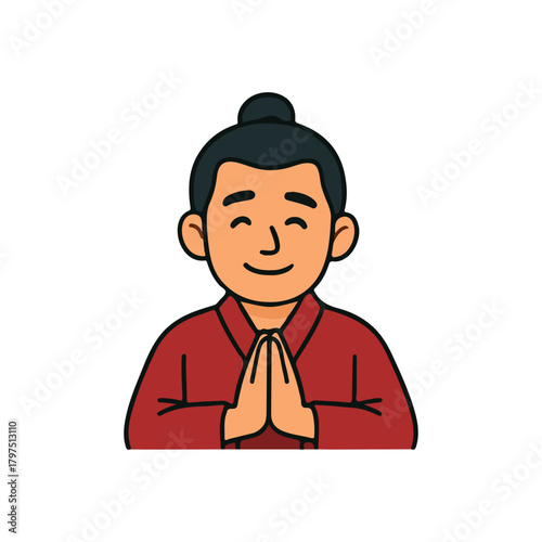 Smiling man with greeting gesture. Traditional man showing respect. Asian character with prayer hands.