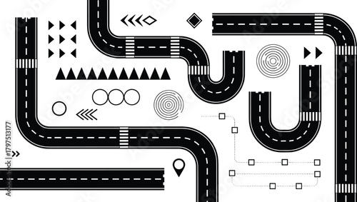 Abstract road network schematic, lanes, dashed markings, navigation symbols, flowchart elements, logistics mapping, route planning, cad drawing flat vector illustration