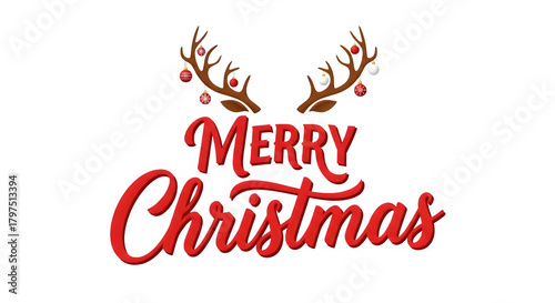 Festive merry christmas text with illuminated reindeer antlers and baubles isolated on transparent background