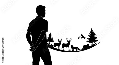 Man contemplates nature's beauty with deer, fox, and bird in a serene forest silhouette scene, symbolizing connection.