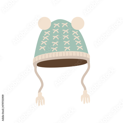 Cute Knitted Winter Hat with Pom-Poms and Ear Flaps. Soft Wool Winter Beanie. Comfortable Winter Beanie.