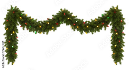 Festive green christmas garland with colorful lights and pinecones isolated on transparent background