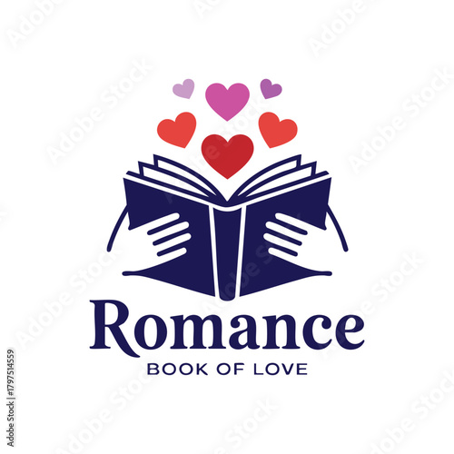 Romance Book of Love Logo, Open Book with Hearts Icon, Reading/Dating App Logo with Hands and Hearts, Reading/Dating App Logo with Hands and Hearts, vector, illustration.