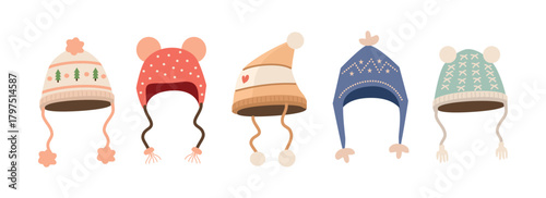 Set of Cozy Winter Hats with Pom Poms and Ear Flaps. Soft Wooly Knit Hat. Collection of winter hat.