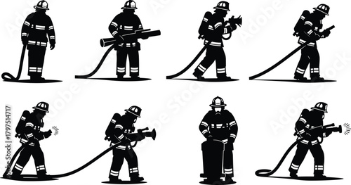 Firefighter action silhouettes, hose spray, emergency response, protective gear, fire hydrant, rescue scene, cad drawing flat vector illustration