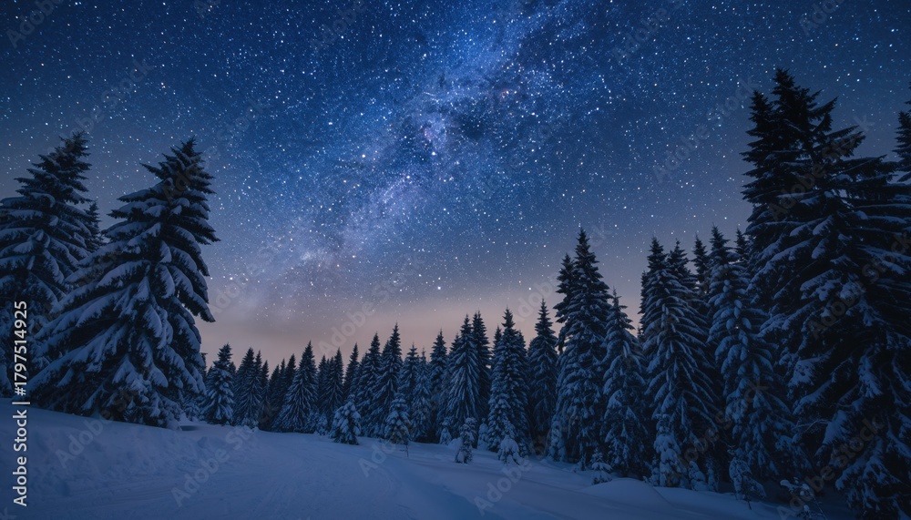 Obraz premium Enchanted Nightscape: A mesmerizing panorama of the night sky unfolds above a snow-dusted forest, the stars sparkling like diamonds against a canvas of deep blue.