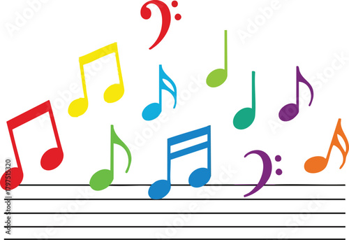 Vibrant Rainbow Musical Notes Floating on Staff Lines