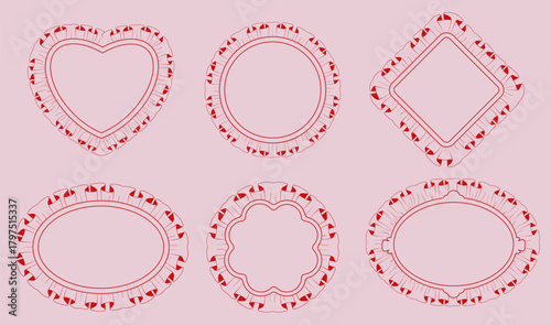 Pink frill and lace border frames in multiple shapes. Coquette decorative templates for labels, stickers, cards, and cute aesthetic designs. Vector 
