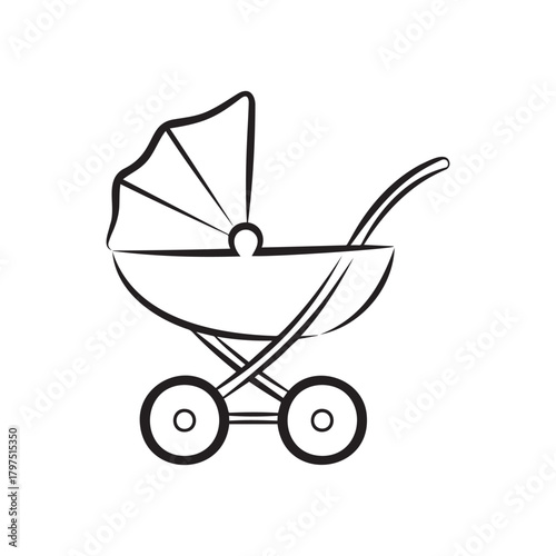 Simple black outline drawing of a baby stroller