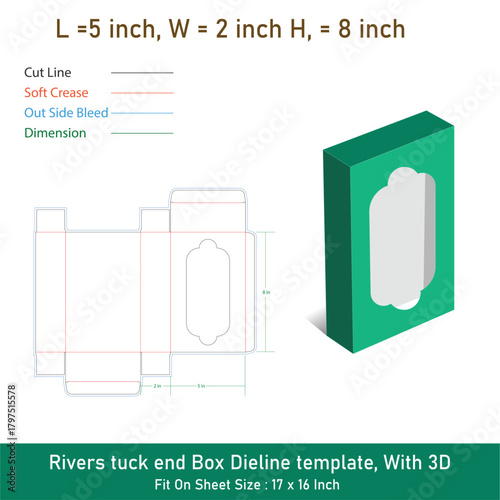 Rivers tuck end display box dieline template, With 3D Box, Vector File