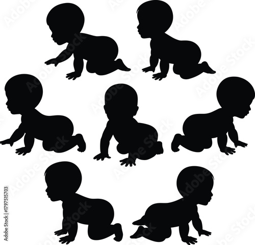 Crawling baby silhouette, infant pose collection, black motion icons, toddler movement design, child activity artwork, playful gesture, nursery illustration