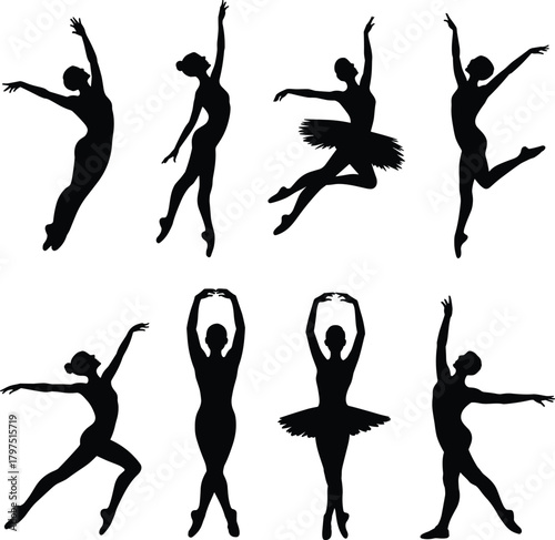Ballet dancer silhouette, elegant pose collection, black motion icons, graceful movement design, classical dance artwork, physical expression, tutu performance illustration