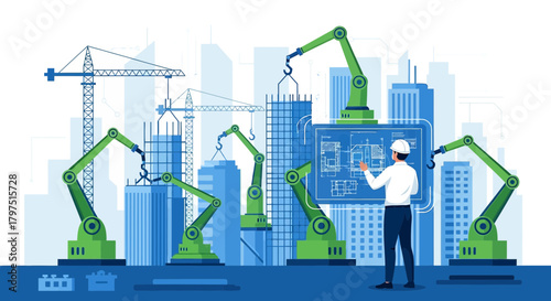 Innovative construction process showcasing automated robotic arm assembly with engineer oversight