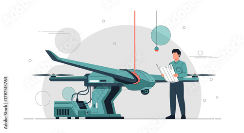 Innovative drone technology inspection with engineer reviewing technical diagram blueprint design