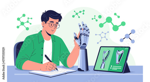 Innovative engineer designing a robotic arm and recording data for future improvements