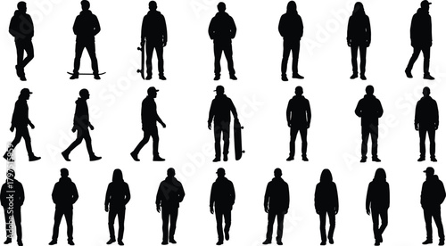 Silhouettes of diverse people standing and walking in various poses, including skateboarders, representing urban lifestyle, street culture, youth movement, and modern activity