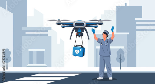 Innovative healthcare delivery with drone and a medic, bringing medical supplies efficiently in
