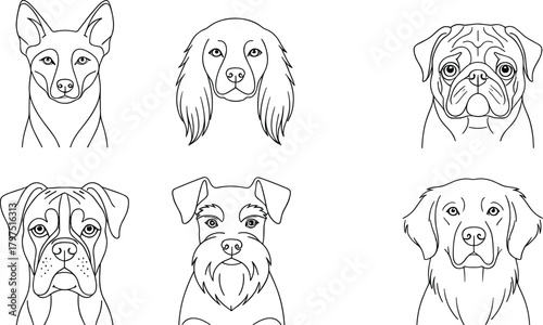 Different Breeds Dog Heads Outline Set Vector Illustration