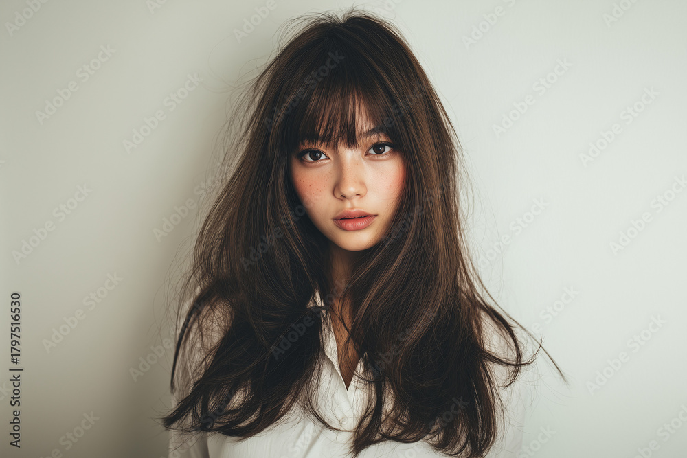 Naklejka premium ロングヘアの女性、ヘアカラー、ココアブラウン、前髪
