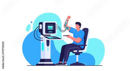 Innovative rehabilitation technology showcasing robotic arm therapy and patient interaction device