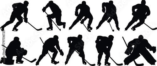 Hockey player silhouette, ice hockey action, black sports icon, skating pose design, goalie graphic, team sport illustration, athletic movement art