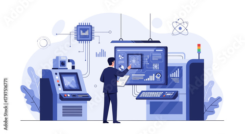 Innovative technology control system with engineer analyzing production data interface visualization