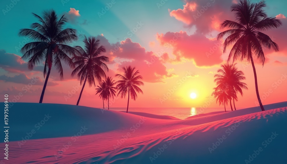 Fototapeta premium Vibrant tropical sunset paints sky with pink, orange, blue colors. Palm trees silhouette against glowing sun. Sand dunes reflect colorful light by calm ocean shore. Peaceful summer scene offers