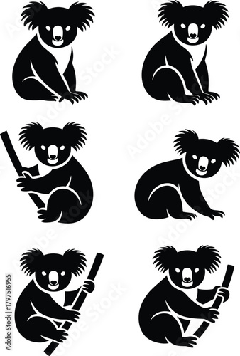 Koala silhouette, tree pose illustration, black animal icons, wildlife graphic design, Australian marsupial art, nature symbol, cute pet artwork
