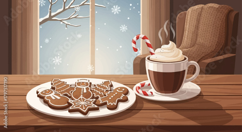 Indulge in the warmth of the holidays with a steaming mug and delectable gingerbread cookies. A comforting scene by the window, perfect for adding festive cheer.