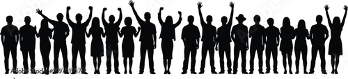 Silhouettes of diverse people standing together with raised arms, symbolizing unity, celebration, teamwork, community support, human connection, cooperation, and collective energy