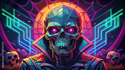 A skull with glowing eyes and neon halloween background