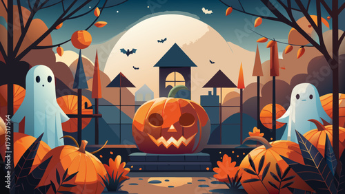 Halloween night with pumpkins and ghosts illustration