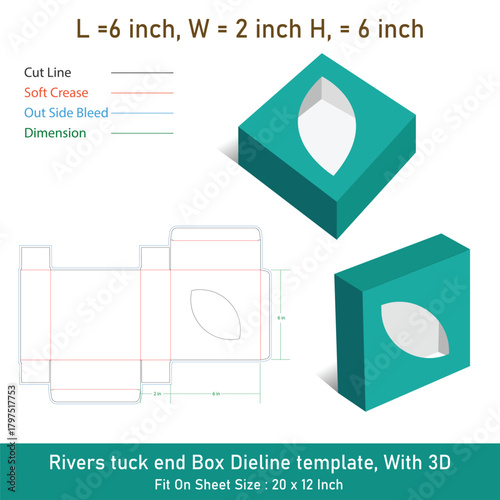 Square rivers tuck end box dieline template, With 3D Box, Vector File