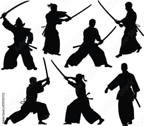 Samurai silhouette, katana warrior pose, Japanese martial art, combat stance design, traditional fighter icon, black graphic, bushido spirit illustration