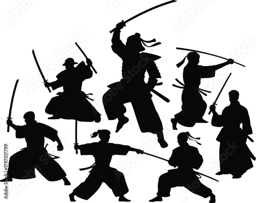 Samurai silhouette, katana warrior pose, Japanese martial art, combat stance design, traditional fighter icon, black graphic, bushido spirit illustration