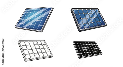 Set of four distinct solar panels in varying styles and colors, representing renewable energy technology and sustainable power generation