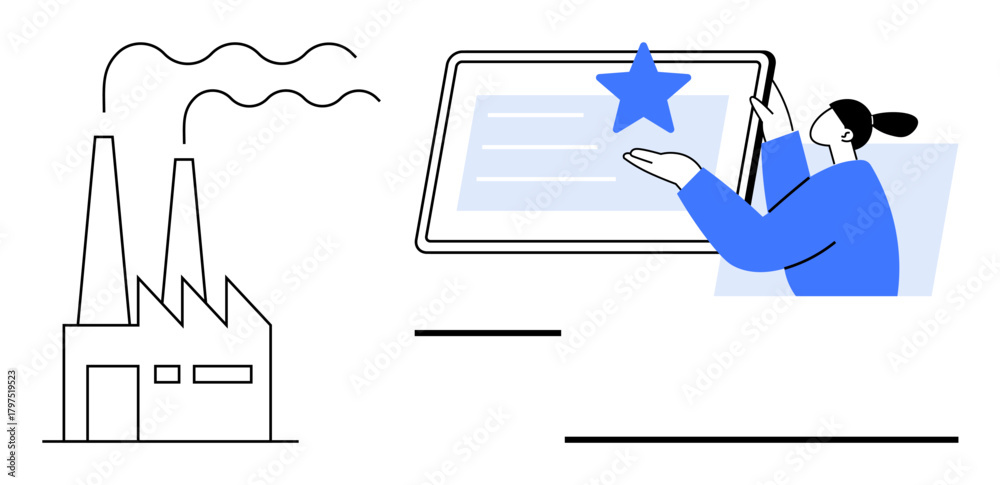 Obraz premium Industrial factory with smoke, person holding a digital tablet featuring a recognition star. Ideal for industry, innovation, technology, quality assessment, employee recognition, manufacturing