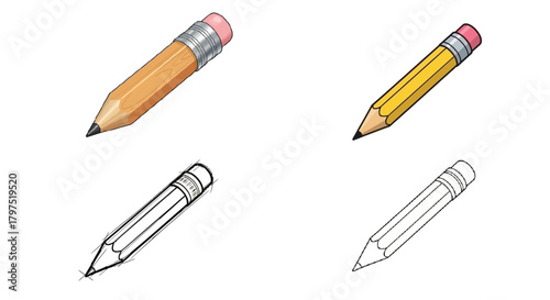 Collection of Four Pencils, Two Colored and Two Sketch Style, with Erasers on Top
