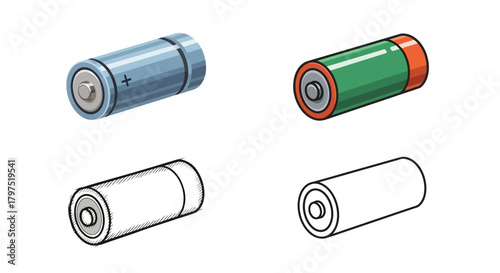 A collection of versatile battery illustrations, showcasing various forms of portable power sources essential for electronics and everyday devices, providing vital energy solutions