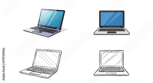 Collection of laptop computer illustrations, showcasing different styles and perspectives for digital design and technology concepts