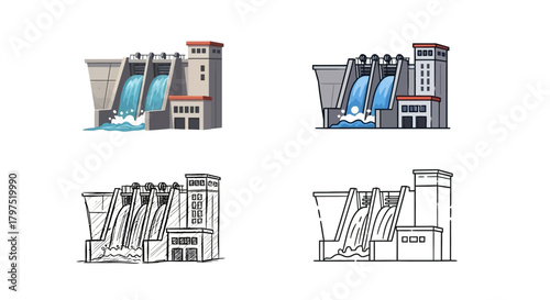 Dynamic illustrations of hydroelectric power dams, depicting robust structures and flowing water for renewable energy generation and clean electricity production
