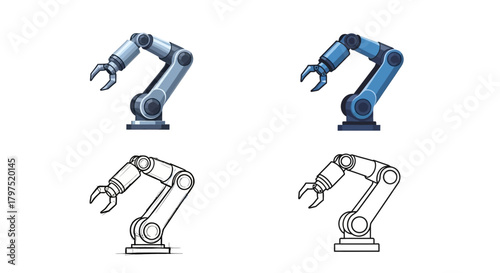 A versatile set of industrial robot arm icons, featuring both full-color and line art drawings for automation and manufacturing themes