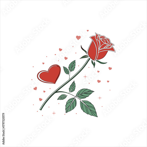 Red Rose with Heart and Romantic Decorations Illustration

