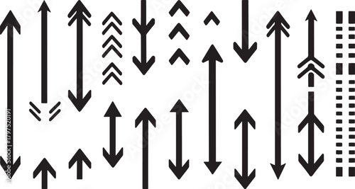 Arrow silhouette set with up and down directions, bold lines, decorative arrowheads and minimal design