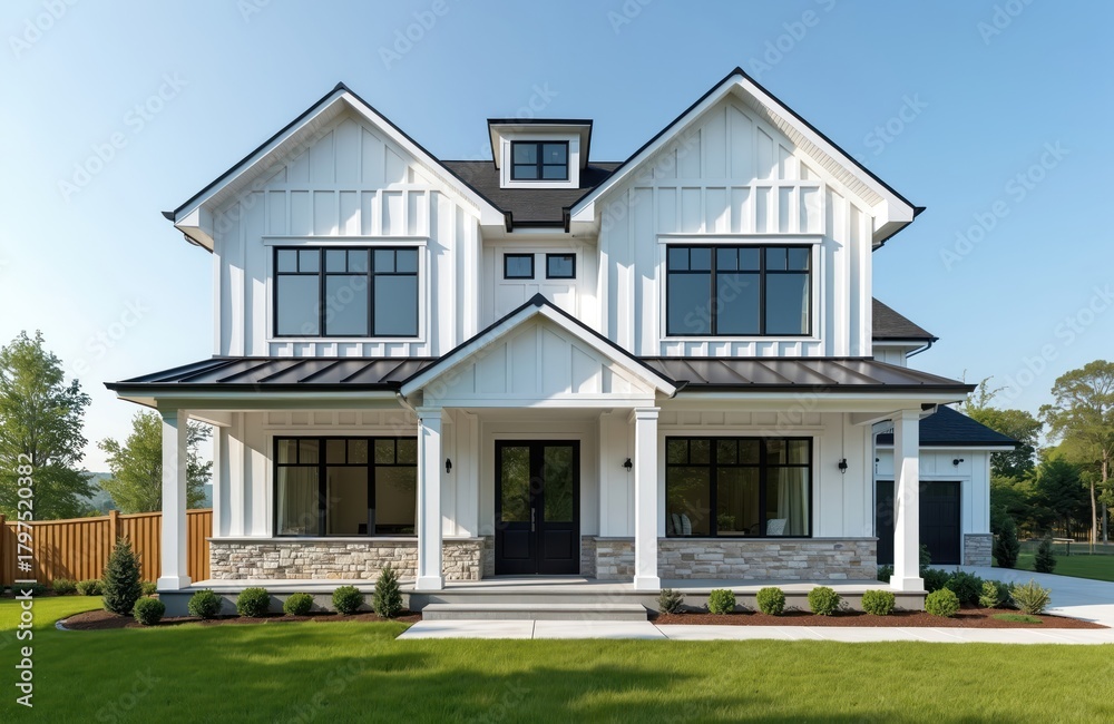 Obraz premium Modern white farmhouse with dark roof and black window frames. House has light rock siding and covered front porch. The house surrounded by green lawn and trees on sunny day.