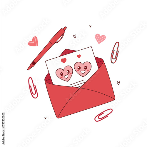 Cute Love Letter Illustration – Romantic Envelope with Smiling Heart Characters and Stationery Elements